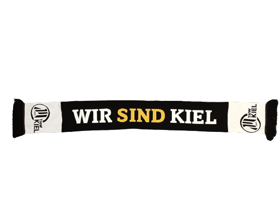 Der Schal feingestrickt "WIR SIND KIEL" schwarz/weiß/gold hat kräftige schwarze und weiße Farben, einen goldfarbenen SIND-Schriftzug und kreisförmige Wir sind Kiel-Logos an beiden Enden - ein idealer Handball-Fanartikel für echte Fans.