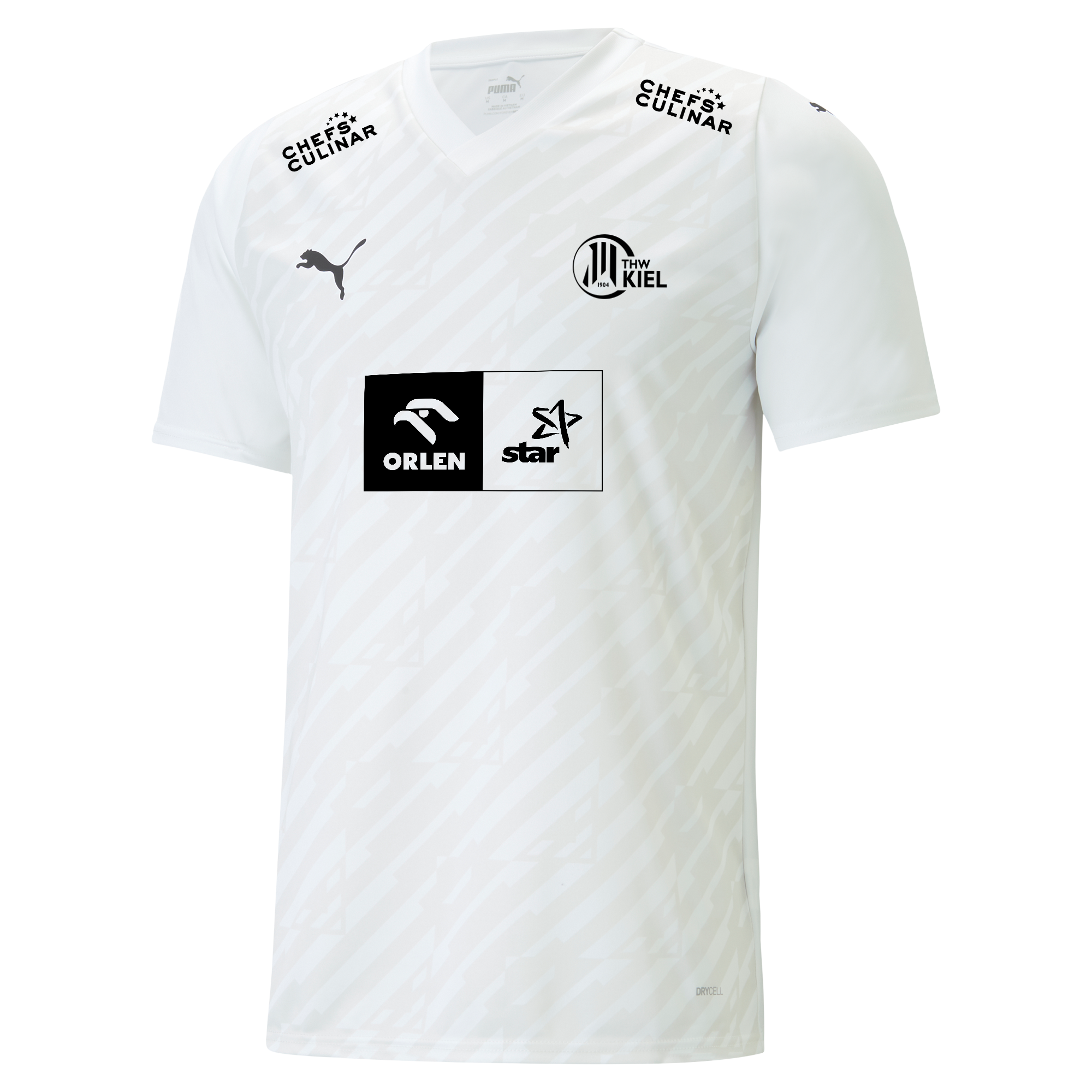 Das teamULTIMATE Jersey Jr PUMA White ist ein weißes Fußballtrikot aus 100% Polyester mit dezenten Diagonalstreifen, schwarzen Puma-, Orlen-, Star- und Chefs Culinar-Logos, dem Holstein Kiel-Wappen auf der Brust und der atmungsaktiven Cooldown-Shirt-Technologie.