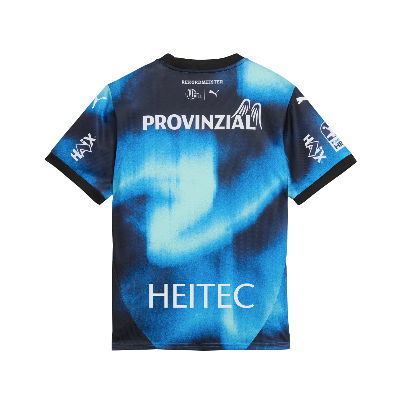 Ein marineblaues THW Kiel 25-26 Auswärtstrikot von PUMA, von hinten gesehen mit PROVINZIAL und HEITEC darauf, mehreren Sponsorenlogos und weißen Grafiken auf den Ärmeln - Teil der offiziellen Kollektion.