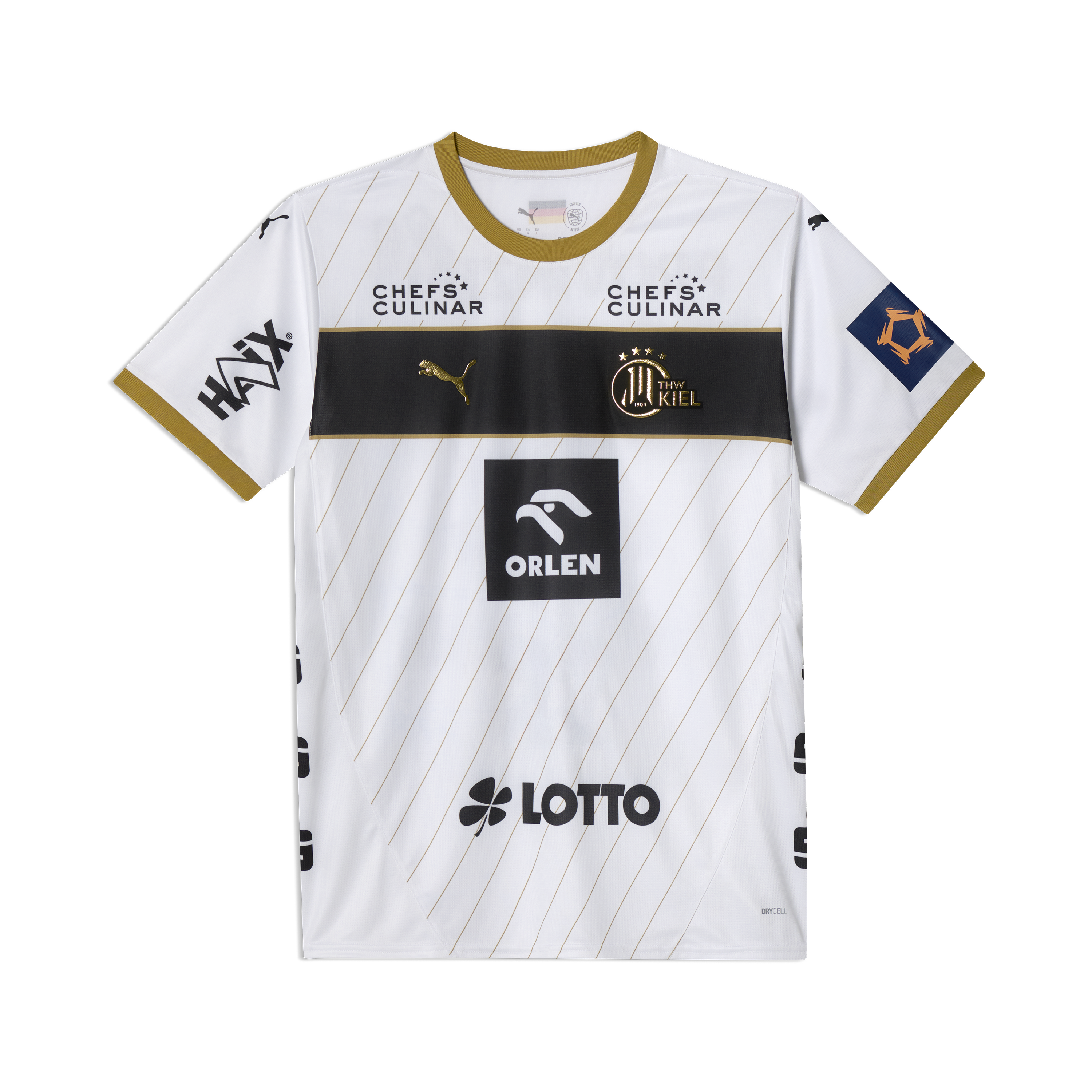 Das THW Kiel 25-26 Euro Home Trikot von PUMA kommt in Weiß mit goldenen Akzenten, dünnen diagonalen goldenen Linien, Sponsorenlogos, dem Vereinswappen sowie goldenem Kragen und Ärmelbündchen mit schwarzem Streifen - ein elegantes Europa-Trikot, das von der EHF European League inspiriert ist.