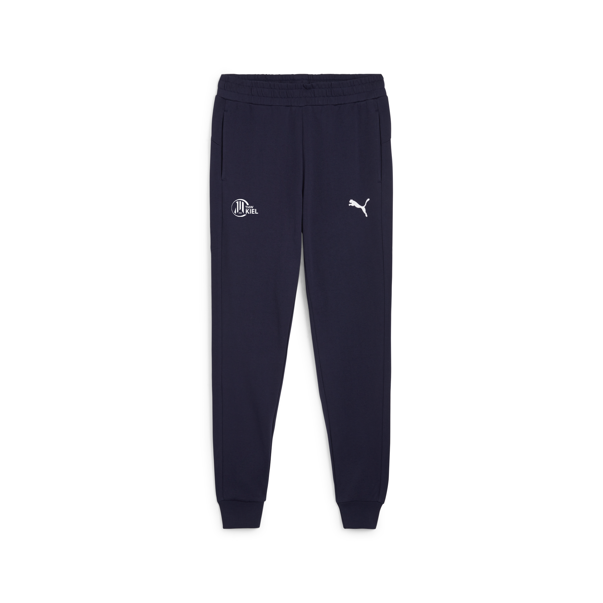 TeamGOAL Casuals Hose PUMA Navy: Lange Hose aus Baumwolle mit elastischem, geripptem Bündchen und weißen Puma Logos auf beiden Oberschenkeln.