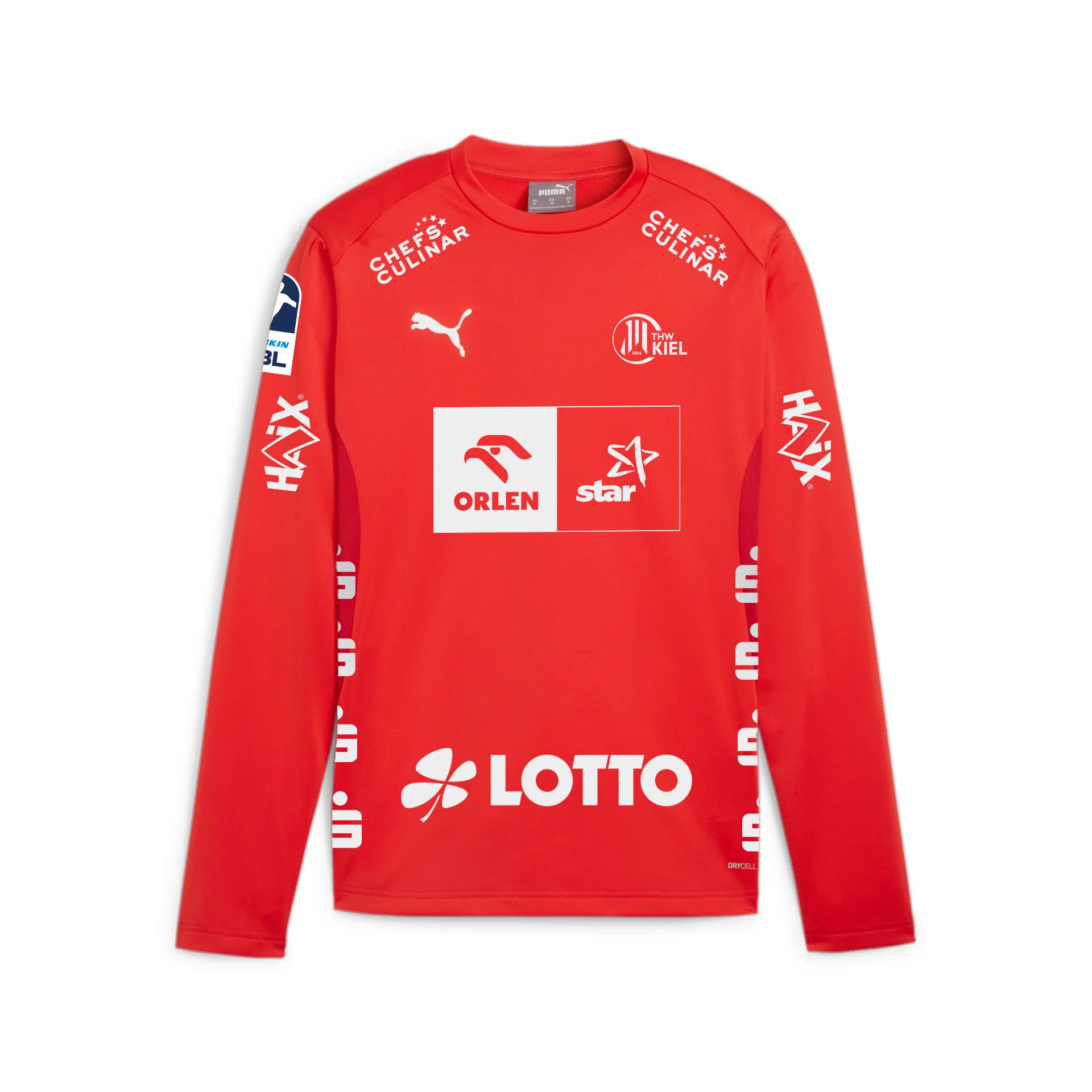 Das THW Kiel 25-26 GK Trikot PUMA Rot ist ein langärmeliges rotes Fußballtrikot mit mehreren Sponsorenlogos, weißem Text und Branding auf der Vorderseite, den Ärmeln und den Schultern.