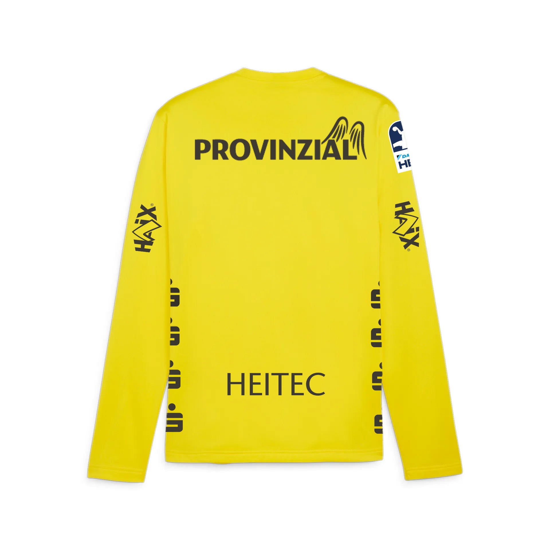 Das THW Kiel 25-26 GK Trikot Faster Yellow hat lange Ärmel und auffällige schwarze Sponsorenlogos - PROVINZIAL auf dem oberen Rücken, HEITEC darunter, sowie weitere Logos auf den Ärmeln und an den Seiten - alle von hinten zu sehen.
