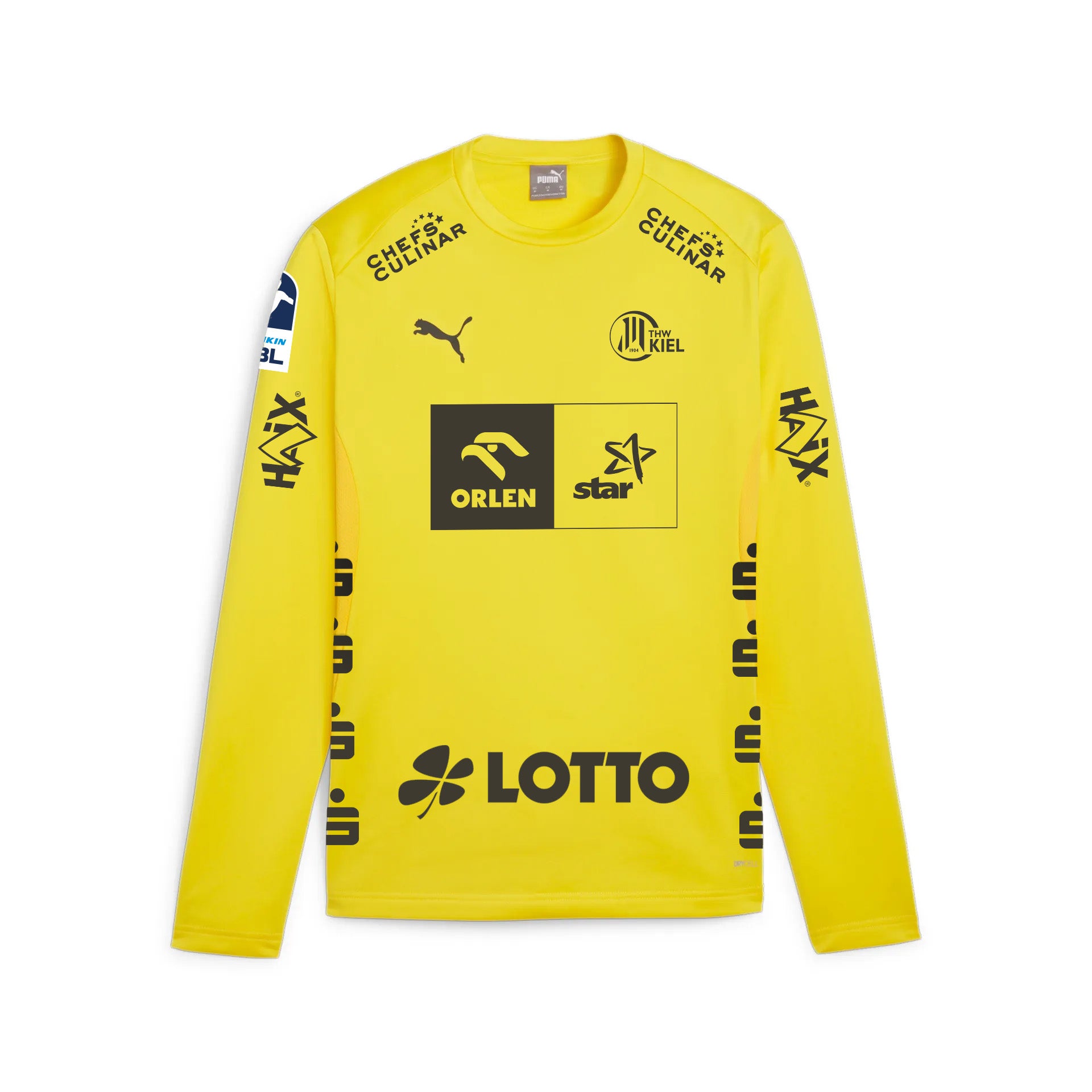 Das THW Kiel 25-26 GK Trikot Faster Yellow ist ein langärmeliges gelbes Fußballtrikot mit schwarzen PUMA-, ORLEN-, STAR- und LOTTO-Sponsorenlogos auf der Brust, den Schultern und den Ärmeln.