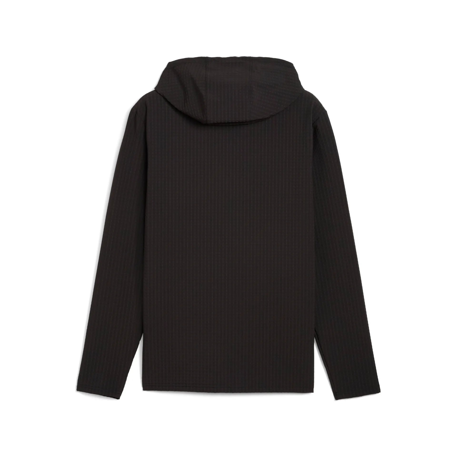 Eine PUMA teamADDITIONS Softshell-Jacke in Schwarz ist mit der Rückseite nach oben auf einem weißen Hintergrund abgebildet.
