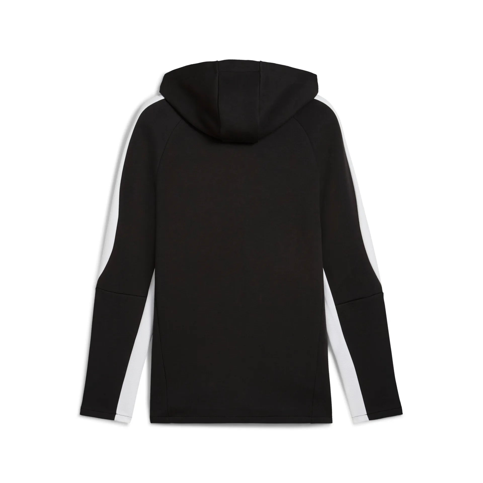 Die teamEVOSTRIPE Hooded Jacket in PUMA Black zeigt sich von hinten, mit weißen Streifen an den Ärmeln, sportlichem Design, entspanntem Schnitt und praktischen Seitentaschen mit Reißverschlüssen.