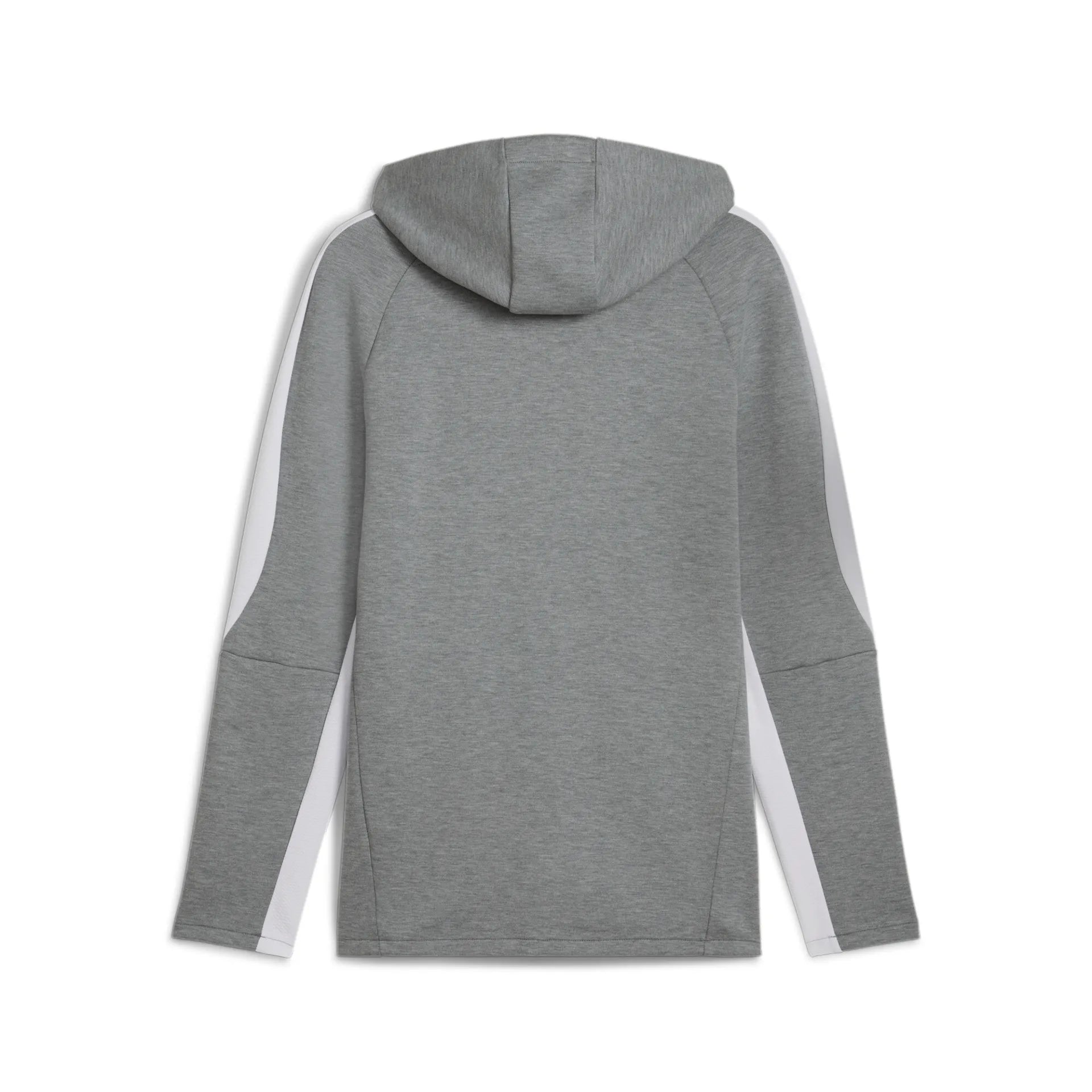 Die teamEVOSTRIPE-Kapuzenjacke in Medium Gray Heather mit langen Ärmeln und weißen Seiteneinsätzen ist von hinten vor weißem Hintergrund zu sehen - perfekt für Reisen oder entspannte Tage.