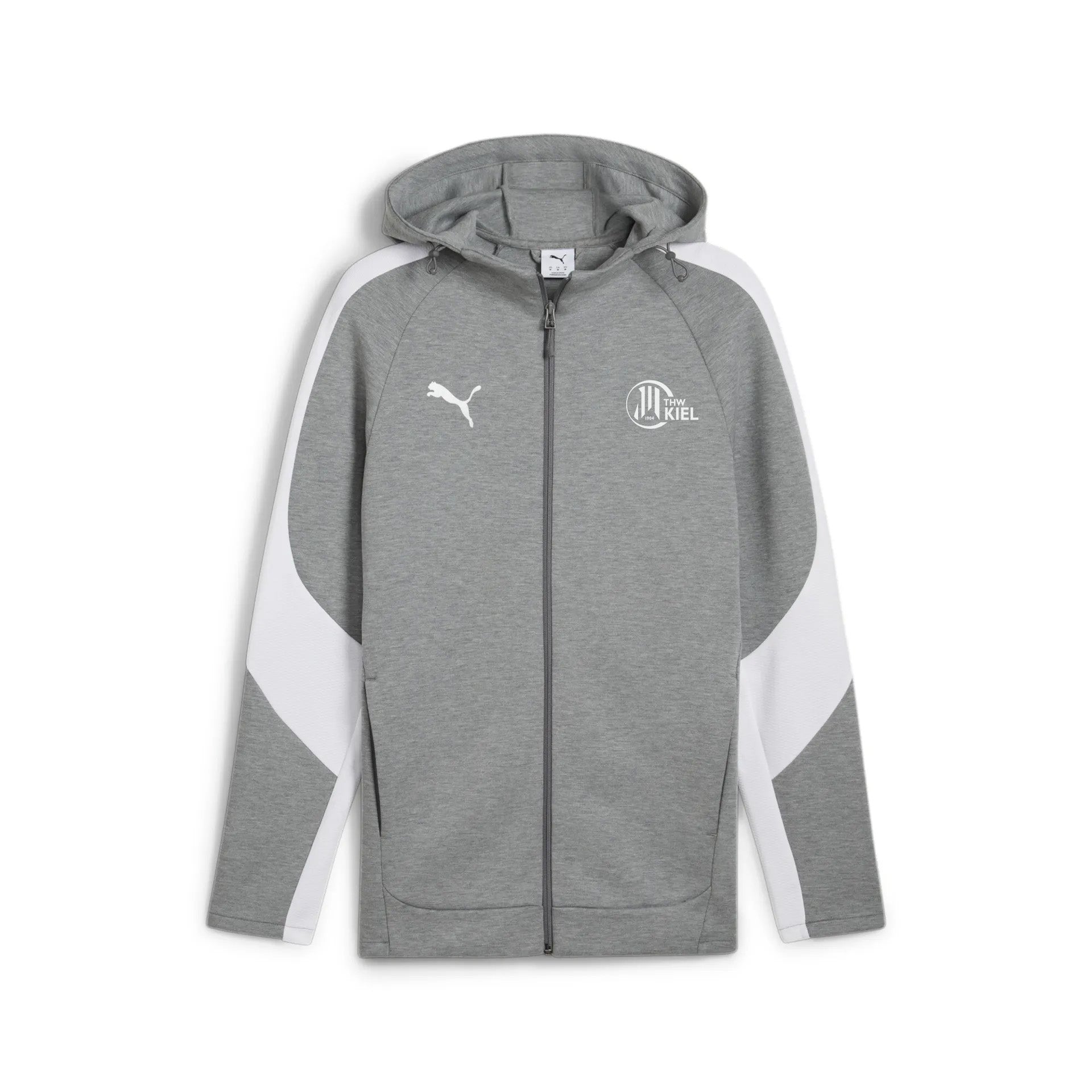 Die teamEVOSTRIPE Kapuzenjacke in Medium Gray Heather hat weiße Ärmelakzente, ein weißes Puma-Logo auf der rechten Brust, ein rundes Kiel-Emblem auf der linken Seite, weiches Baumwollgewebe, eine Kapuze mit Kordelzug und Reißverschlusstaschen vorne.