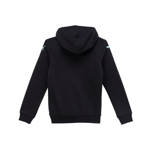 Der THW Kiel Graphic Hoodie Jr Black zeigt sich von hinten auf einem schlichten weißen Hintergrund, mit hellblauen Logos auf beiden Schultern und langen Ärmeln. Perfekt für jeden Verein, der stilvollen Komfort sucht.