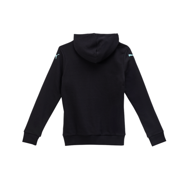 Der THW Kiel Graphic Hoodie Wmn Black wird von hinten gezeigt. Er hat lange Ärmel, gerippte Bündchen und Saum und kleine hellblaue Logos auf den Schultern.