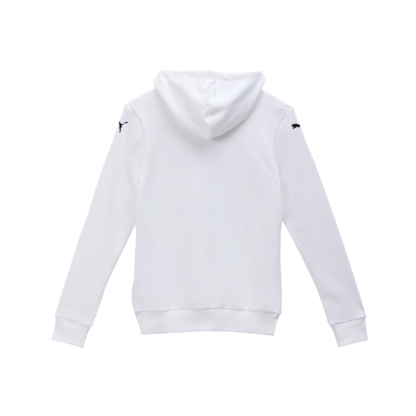 Rückenansicht des THW Kiel Graphic Hoodie Wmn White, ein schlichter weißer Kapuzenpullover mit langen Ärmeln, gerippten Bündchen und einem kleinen schwarzen Vereinslogo auf jedem Ärmel in der Nähe der Schulter, dargestellt vor einem weißen Hintergrund.