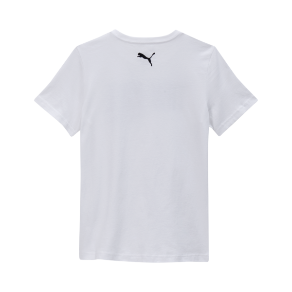 Rückansicht des THW Kiel Tee Jr White, ein schlichtes weißes T-Shirt mit einem kleinen schwarzen Puma-Logo in der Mitte des Halsausschnitts.