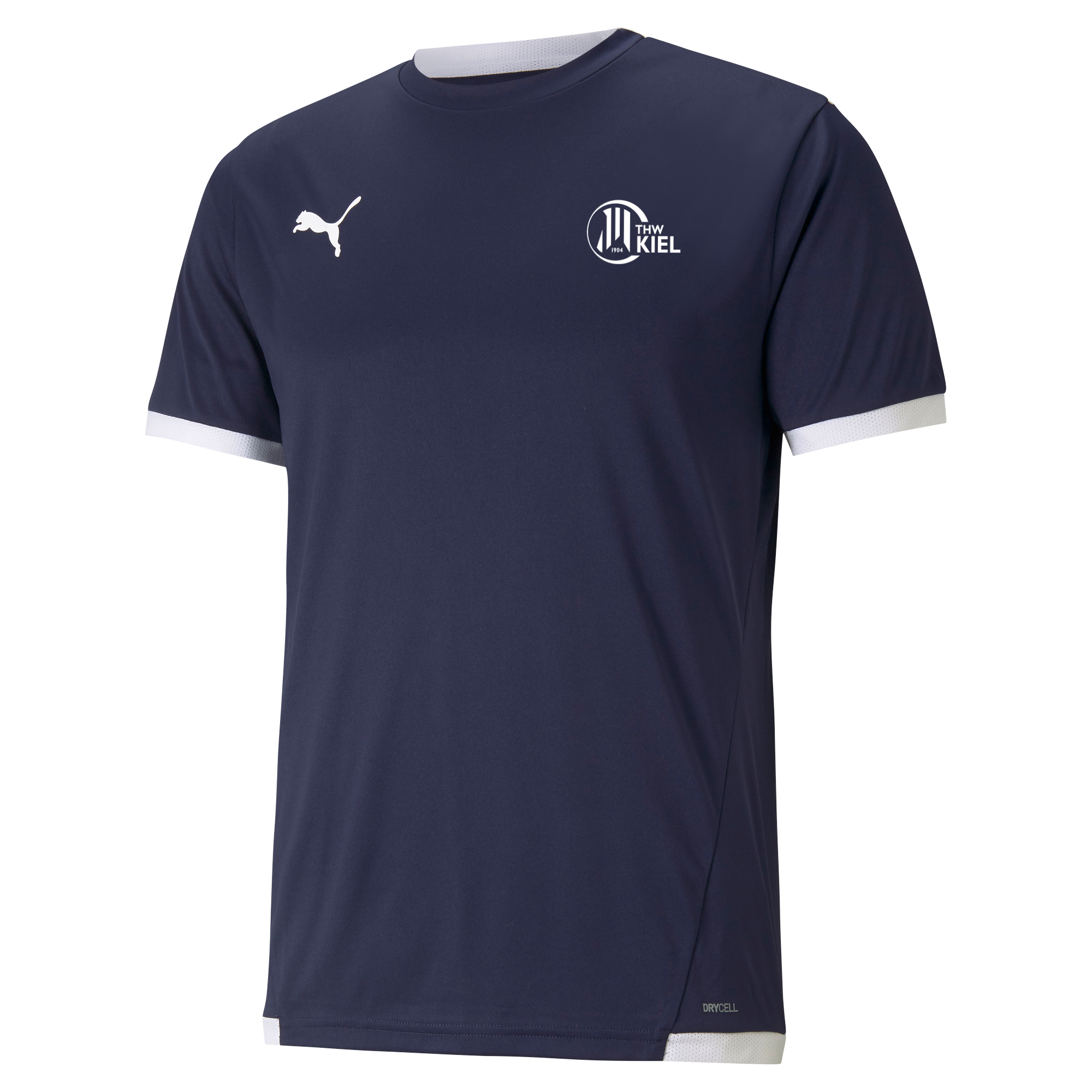 Das teamLIGA Jersey Peacoat ist ein marineblaues Kurzarm-Polyester-Shirt mit weißen Akzenten, Puma-Logo auf der rechten Brust, Kieler Team-Logo auf der linken Seite, Rundhalsausschnitt und weißem Saum - ideal fürs Training.