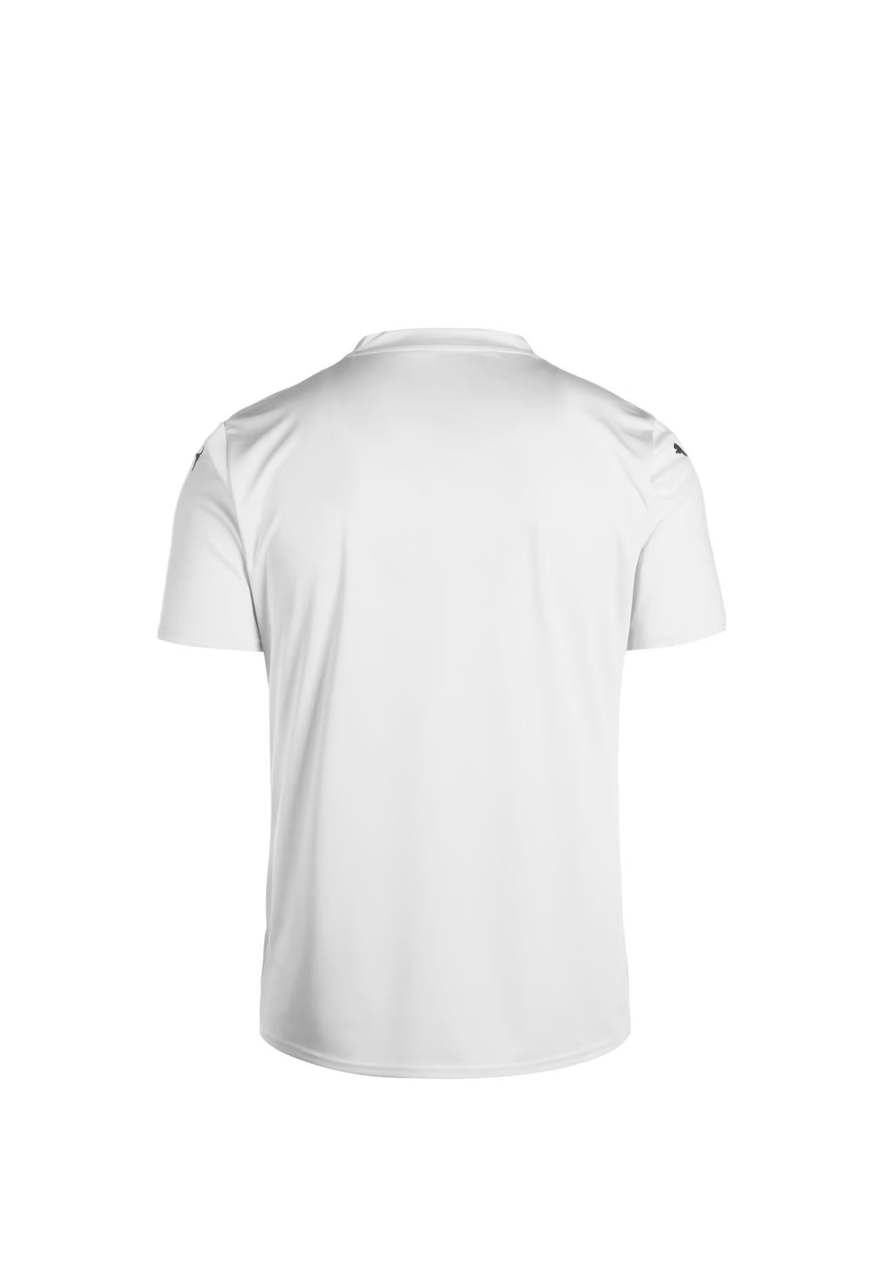 Das teamULTIMATE Jersey Jr in PUMA Weiß ist ein schlichtes, kurzärmeliges Trikot aus 100 % Polyester, das von hinten auf weißem Grund zu sehen ist. Perfekt für Atmungsaktivität und Komfort bei jeder Aktivität.