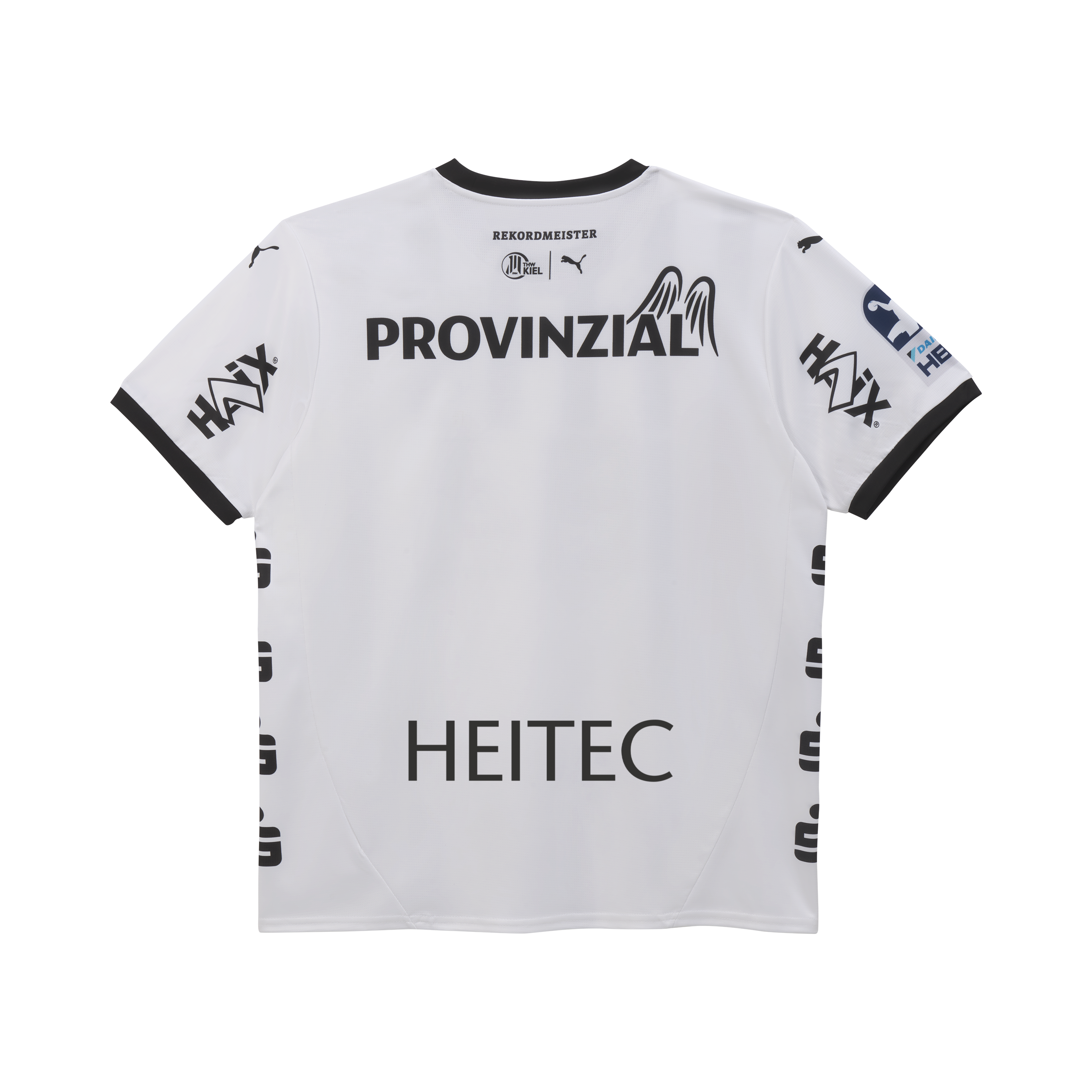 Rückansicht des THW Kiel 25-26 Heimtrikots PUMA Weiß mit schwarzem Rand, mit PROVINZIAL-, HEITEC- und HAX-Sponsorenlogos, Zebrastreifen und zusätzlichem Branding an den Ärmeln und Seiten.