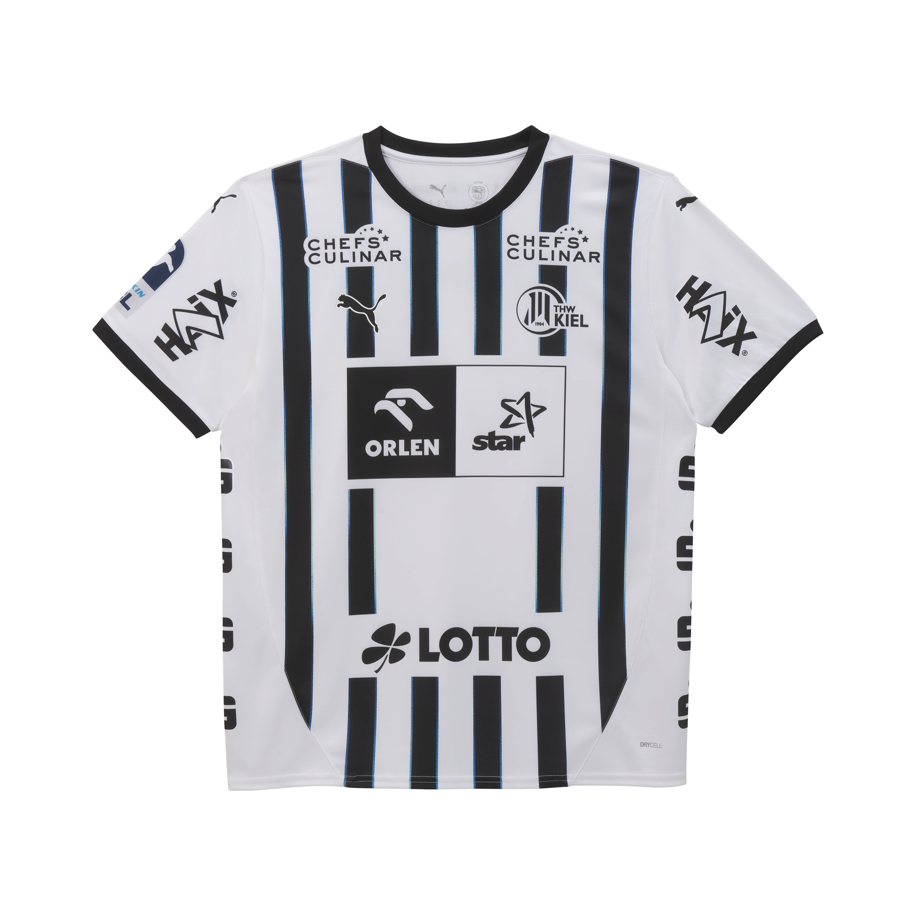 Das THW Kiel 25-26 Heimtrikot von PUMA in Weiß hat schwarze Zebrastreifen, schwarze Kragen- und Ärmelabschlüsse, Sponsorenlogos, darunter Lotto und Orlen, sowie das Vereinswappen - ideal für Heimtrikot-Fans.