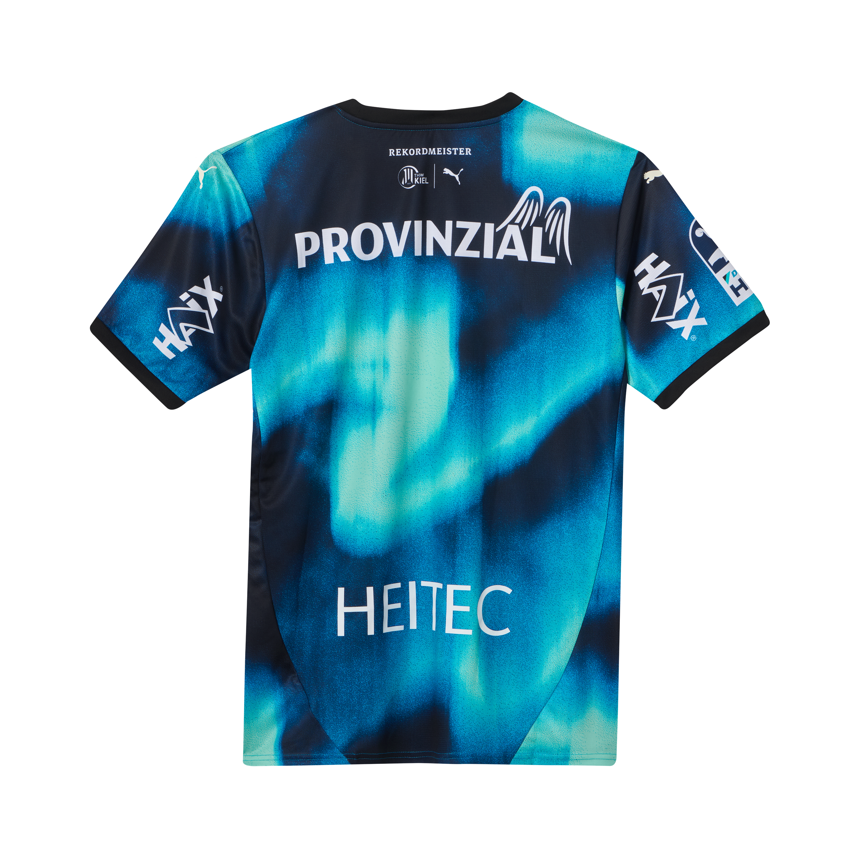 Das THW Kiel 25-26 Auswärtstrikot von PUMA in Marineblau zeigt abstrakte blau-schwarze Muster, "PROVINZIAL" mit Flügelgrafik, HEITEC-, HÄIX- und ELTEN-Logos auf Rücken und Ärmeln - perfekt für Fans des offiziellen Auswärtstrikots.