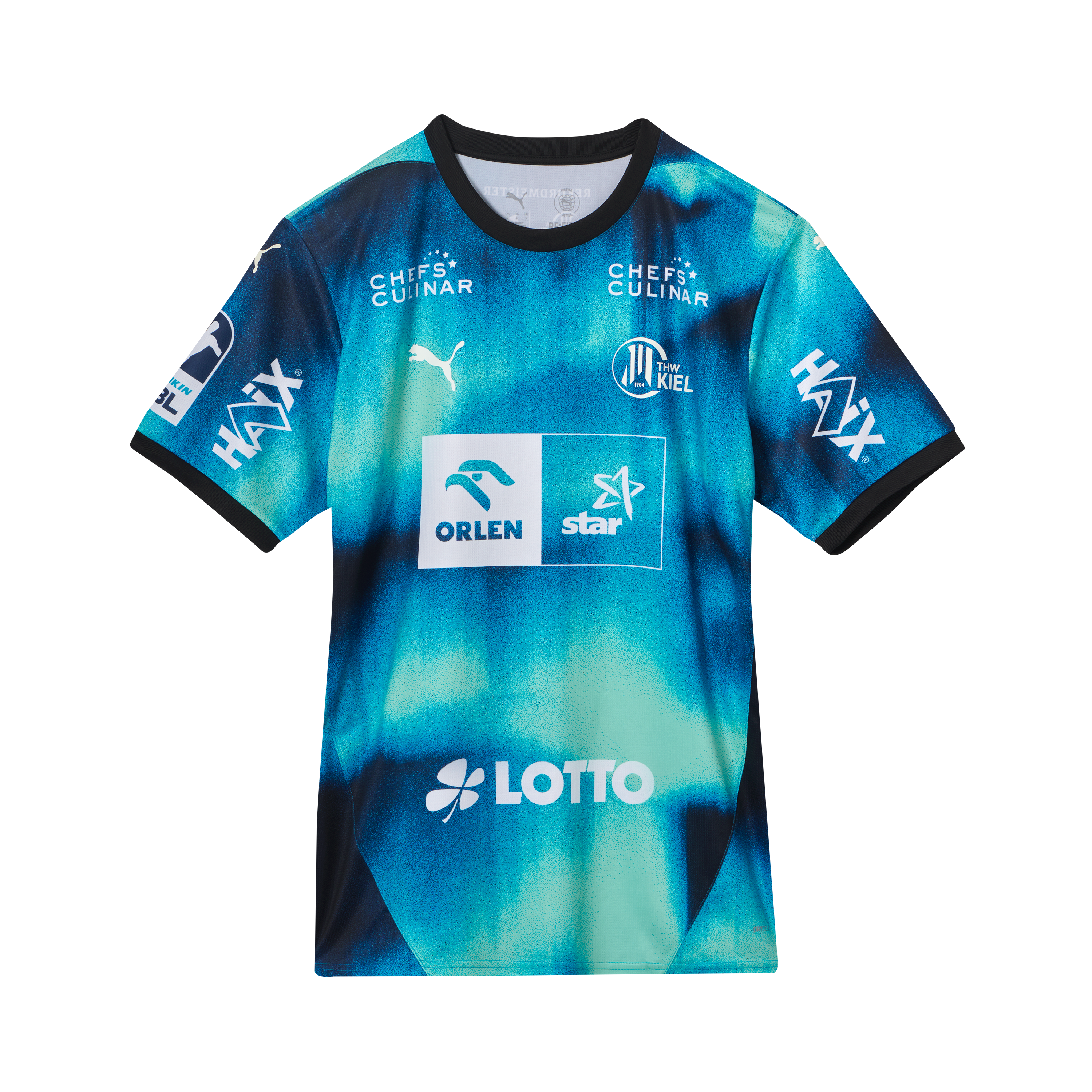 Ein navyfarbenes THW Kiel 25-26 Auswärtstrikot von PUMA mit Sponsorenlogos und dem Vereinswappen auf der Brust.