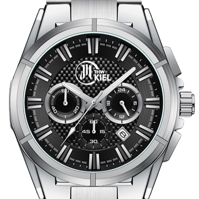 Eine silberne Armbanduhr mit schwarzem Strukturzzifferblatt, drei kleinen Hilfszifferblättern, einem Datumsfenster und dem THW Kiel Logo oben links. Die Uhr verfügt über silberne Indexe und Zeiger in einem sportlichen, modernen Design.