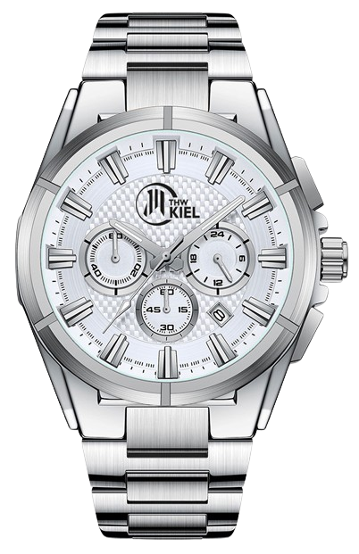 Die Armbanduhr weiß ist eine silberne Chronographen-Armbanduhr mit Edelstahlarmband, detaillierter Lünette, drei Hilfszifferblättern mit Stoppfunktion, Datumsfenster und THW Kiel-Branding auf dem weiß gemusterten Zifferblatt.
