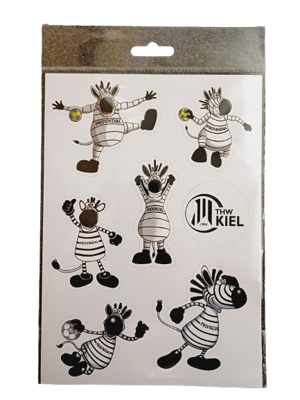 Die Aufkleberkarte Hein Daddel enthält sechs transparente Sticker mit dem THW Kiel Maskottchen in verschiedenen, verspielten Posen sowie einen runden Logo-Sticker - ein ideales Set für echte Fans!.