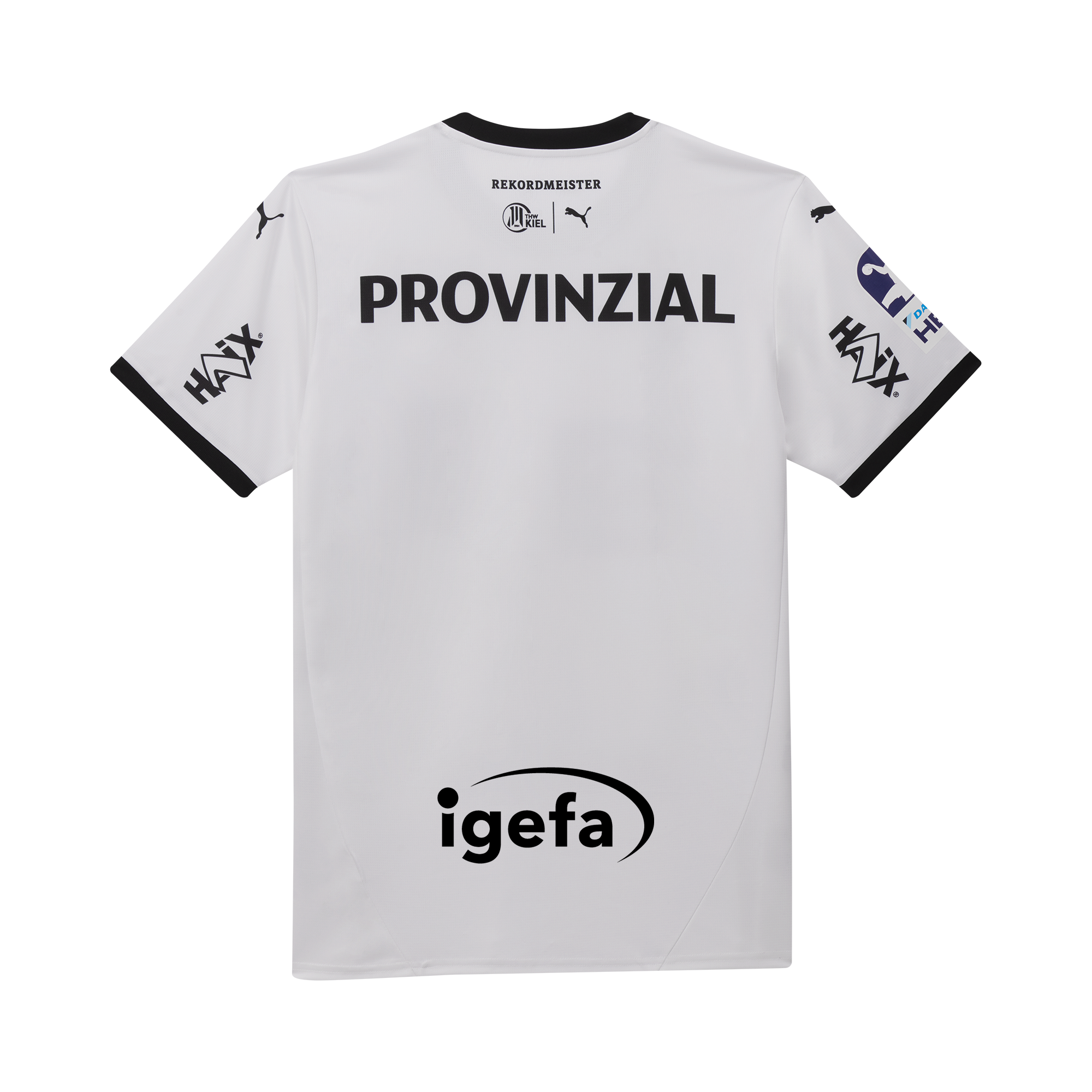 Das THW Kiel 24-25 Heimtrikot von PUMA ist weiß mit schwarzer Zierleiste und Zebramuster, mit PROVINZIAL auf der Brust, igefa am unteren Rand und Sponsorenlogos auf Ärmeln und Schultern.
