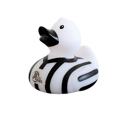 Die Badeente Trikot zeigt sich im Retro-Design mit schwarz-weißem THW Kiel-Trikot, Nummer 71 und dem THW Kiel-Logo auf der Brust.