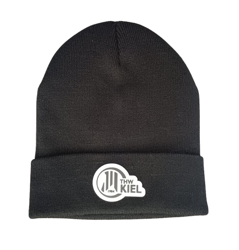 Die Beanie Bronx Rubber Patch schwarz ist eine schwarze Wintermütze mit THW Kiel Logo als kreisförmigem Rubber Patch und stilisierter Handballgrafik auf der Front-Cuff, gefertigt aus Acryl.