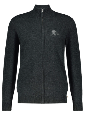 Dunkelgraue Strickjacke mit langen Ärmeln, hohem Kragen und kleinem, kreisrunden "Kiel"-Logo auf der linken Brust - ideal für THW Kiel-Fans.