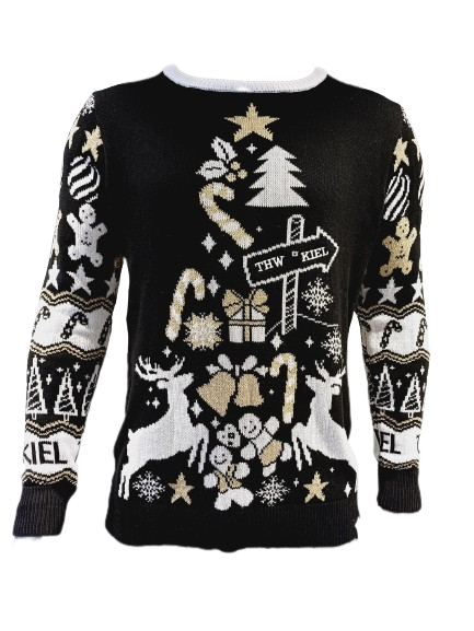 Der Weihnachtspulli 2023 ist schwarz mit festlichen Motiven in Weiß und Gold - darunter Rentiere, Pfefferkuchenmännchen, Sterne, Geschenke, Zuckerstangen, Bäume und ein THW KIEL-Zeichen. Hergestellt aus 100% Baumwolle für höchsten Tragekomfort.