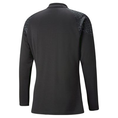 Rückansicht des teamCUP Training 1/4 Zip Top Black, aus Polyester mit hohem Kragen und dezent gemusterten Details an den Schultern und Oberärmeln.