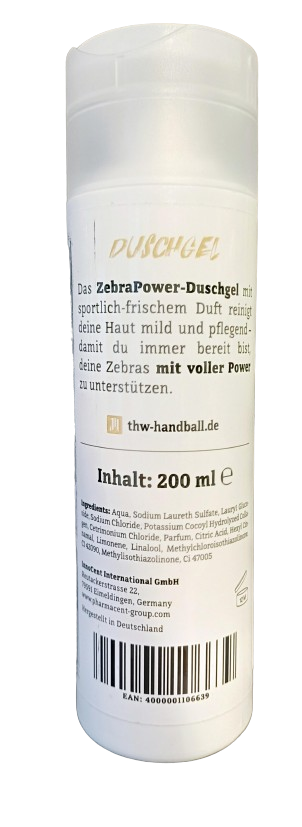 Weiße 200-ml-Flasche Duschgel mit schwarzer und grauer deutscher Aufschrift, Produktangaben und Barcode. Es hat einen sportlich-frischen Duft, ist für Haut und Haar geeignet und hat eine pflegende Formel.