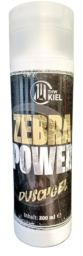 Eine weiße Flasche Duschgel 200ml mit sportlich-frischem Duft, schwarz-goldenem Design, geeignet für Haut und Haar.