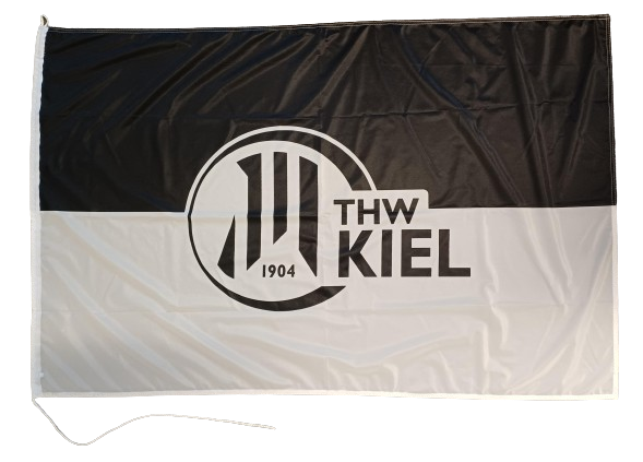Das Fahne Logo schwarz-weiß 100 x 150cm hat eine schwarze Oberseite, eine weiße Unterseite, stilisierte vertikale Linien und einen kreisförmigen Rand mit dem THW Kiel 1904 Logo und Text in der Mitte.