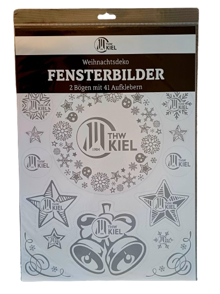 Ein Paket mit der Aufschrift "Fensterbilder Weihnachten" enthält festlichen Fensterschmuck zum Aufkleben mit Sternen und Aufklebern des THW Kiel - perfekt für die weihnachtliche Dekoration Ihrer Fenster.