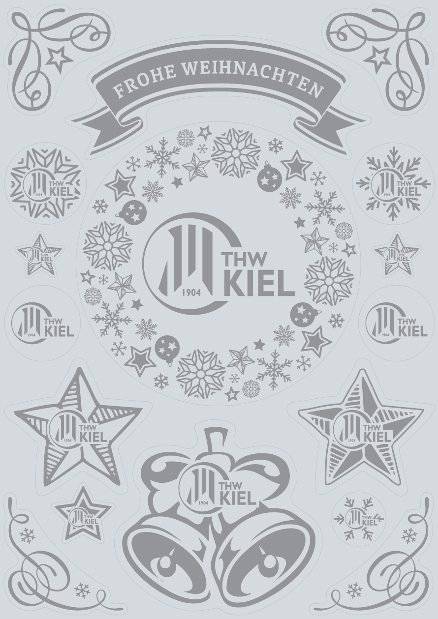 Fensterbilder Weihnachten: Grau-weiße Adhäsionsfolie DIN A3 mit "Frohe Weihnachten", THW Kiel-Logos, Sternen, Glocken und Schneeflocken - die ideale Weihnachtsdekoration für die Feiertage.