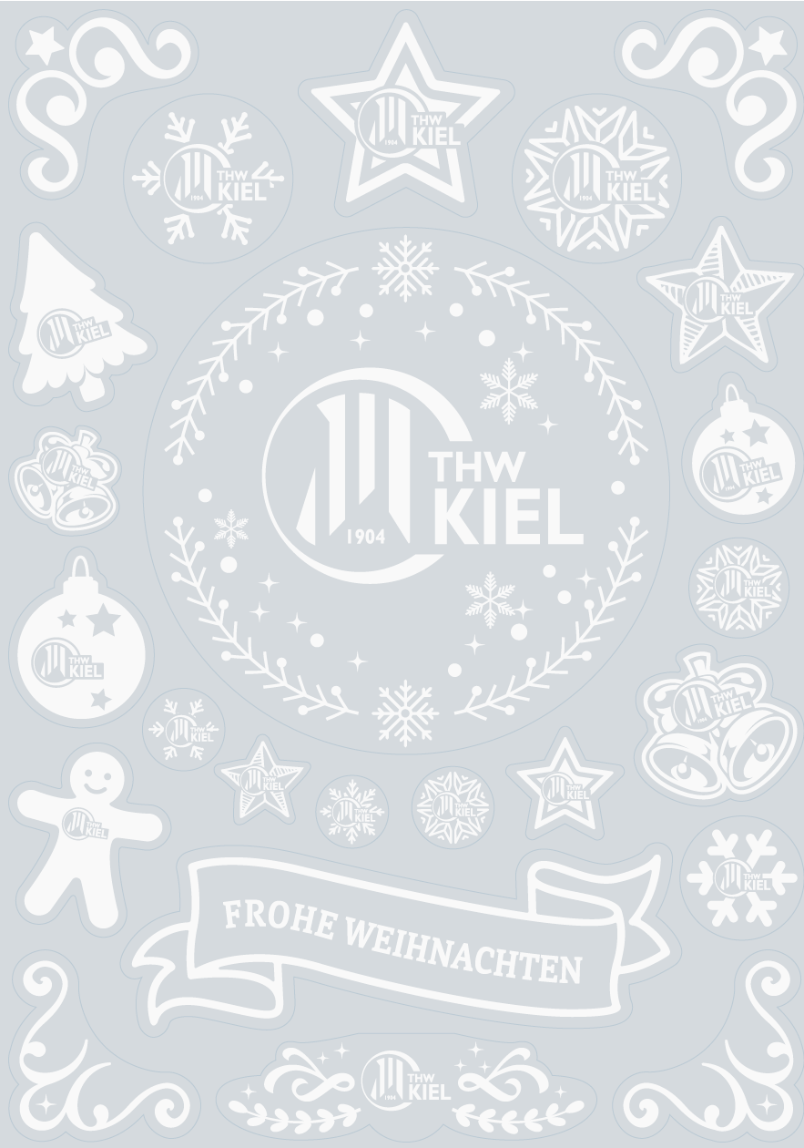 Die Fensterbilder Weihnachten zeigen ein festliches Design auf Adhäsionsfolie DIN A3 mit dem THW Kiel Logo, Schneeflocken, Sternen, Ornamenten, Lebkuchen und einem "Frohe Weihnachten"-Banner - ideal als Weihnachtsdekoration Fenster oder THW Kiel Aufkleber.