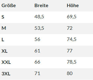 Eine Größentabelle auf Deutsch für das T-Shirt Hein Daddel weiß zeigt Größen S-3XL (Breite: 48,5-71 cm; Länge: 69,5-80 cm). Es besteht aus 100% Baumwolle und bietet besten Tragekomfort.