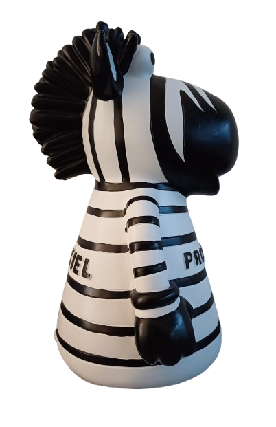 Die Lampe Maskottchen ist eine schwarz-weiß gestreifte Cartoon-Zebra-Figur mit Irokesenmähne, Gefängnisstreifen, teilweise sichtbarem Schriftzug PRISONER" auf dem Rücken und aus Polyresin gefertigt.