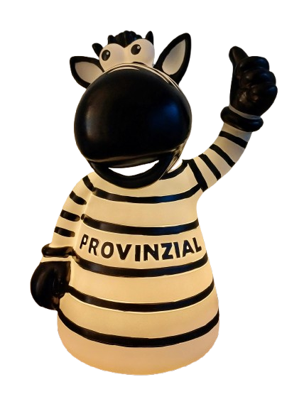 Die Lampe Maskottchen zeigt ein Cartoon-Zebra mit großer schwarzer Schnauze, PROVINZIAL-gestreiftem Outfit und Daumen hoch - das perfekte Polyresin Nachtlicht oder die verspielte Hein Daddel Lampe für jedes Zimmer.