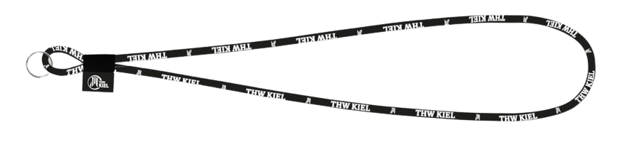 Schlüsselband THW KIEL schwarz mit wiederholtem weißen THW Kiel-Schriftzug und -Logo auf schwarzem Grund, mit Schlüsselring aus Metall und schwarzem Kunststoffclip.