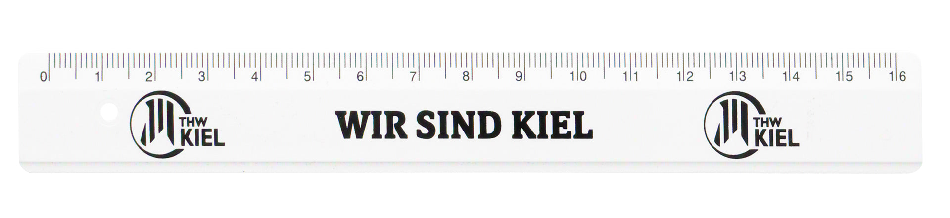 Die Lineal weiß 16cm trägt an beiden Enden das THW Kiel-Logo und in der Mitte den Schriftzug WIR SIND KIEL" in schwarz - ein Muss für jeden THW Kiel-Fan.