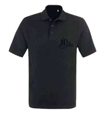 Das Poloshirt Piqué ist ein schwarzes Kurzarm-Polo mit Kragen, drei Knöpfen und einem kleinen runden THW Kiel-Logo mit "KIEL" auf der linken Brust.