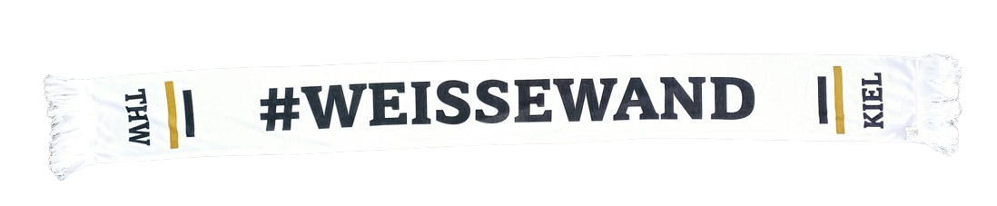 Der Schal weissewand weiß begeistert mit schwarzem und goldenem Streifendetail, zentralem WEISSEWAND-Schriftzug sowie THW- und KIEL-Logos - das perfekte Accessoire zur Unterstützung deiner Mannschaft.