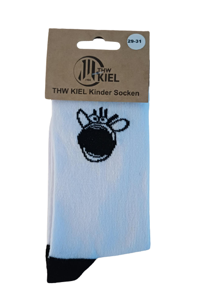 Ein Paar weiße Kindersocken Hein Daddel mit schwarzem Cartoon-Tiergesicht, Größe 29-31, verpackt mit "THW KIEL Kinder Socken" Etikett. Ein tolles Geschenk für THW Kiel Fans!.