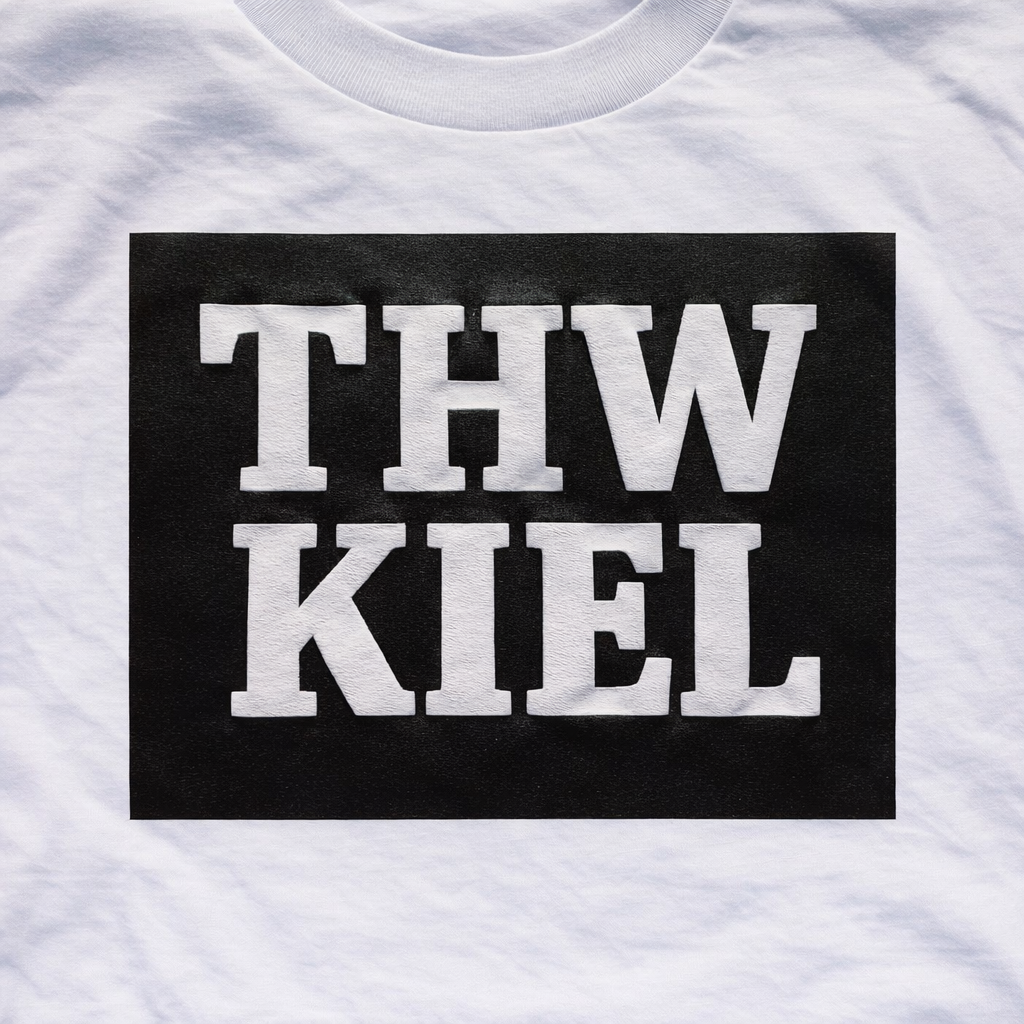 Das T-Shirt THW KIEL ist ein weißes Bio-Baumwollshirt mit großem schwarzem Quadrat vorne und weißem THW KIEL-Schriftzug.