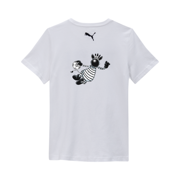 Das THW Kiel Tee Jr White ist ein weißes Baumwoll-T-Shirt mit schwarzem Puma-Logo am Kragen und einem gestreiften Zebra auf der Rückseite, das einen Fußball hält - ideal als Fan-Shirt für Sportbegeisterte.