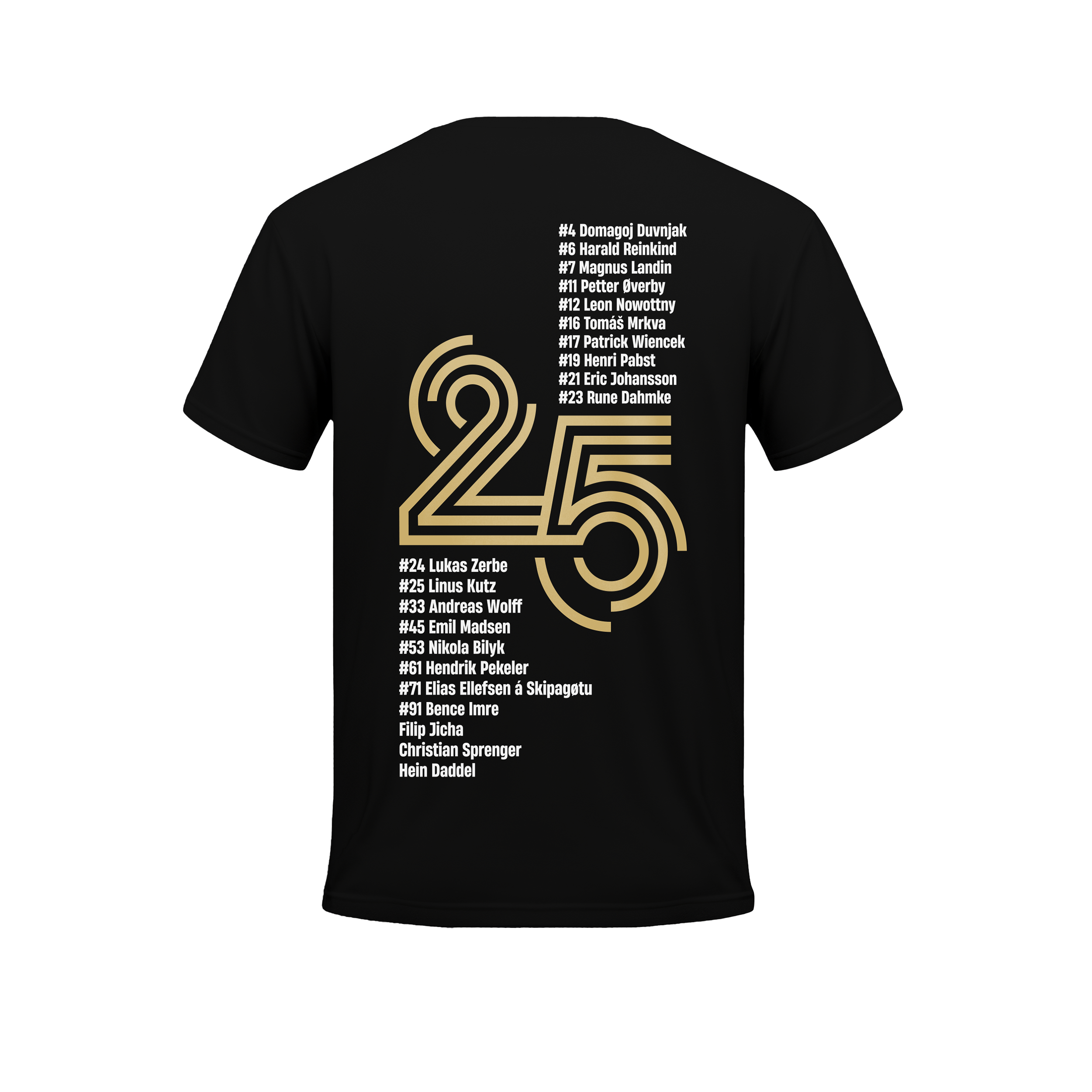 Das Winnershirt DHB Pokal Final4 2025 - THW Kiel Black zeigt eine auffällige goldene 25 auf der Rückseite, mit weißem Text, der die Namen und Zahlen oben und unten anzeigt, und sorgt so für einen an den Kader erinnernden Look.