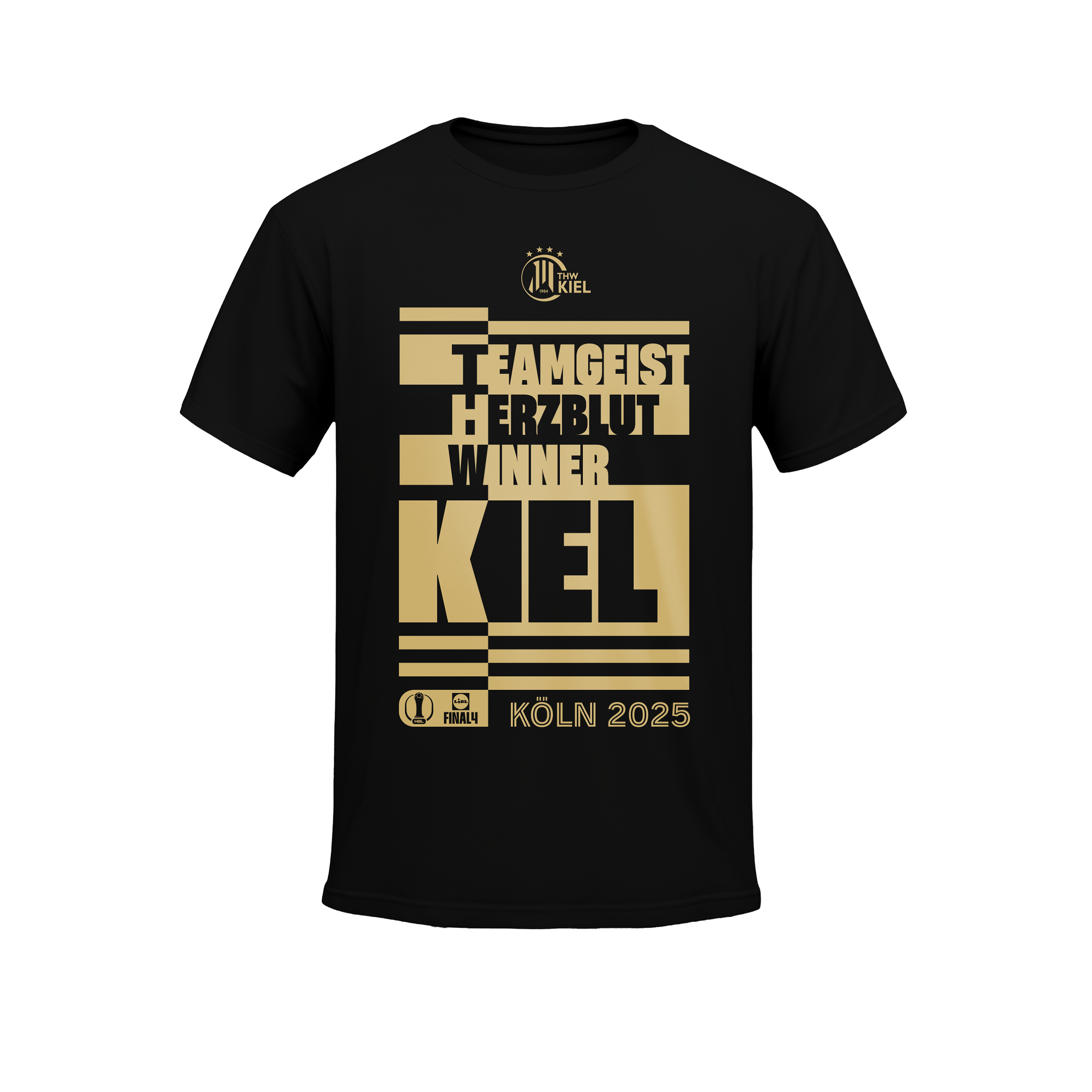 Das Winnershirt DHB Pokal Final4 2025 - THW Kiel Black zeigt den fetten goldenen TEAMGEIST HERZBLUT WINNER KEL und KÖLN 2025 Schriftzug, kreisförmige Logos und geometrische Muster, um das DHB Pokal Final4 in Köln, Deutschland zu feiern.
