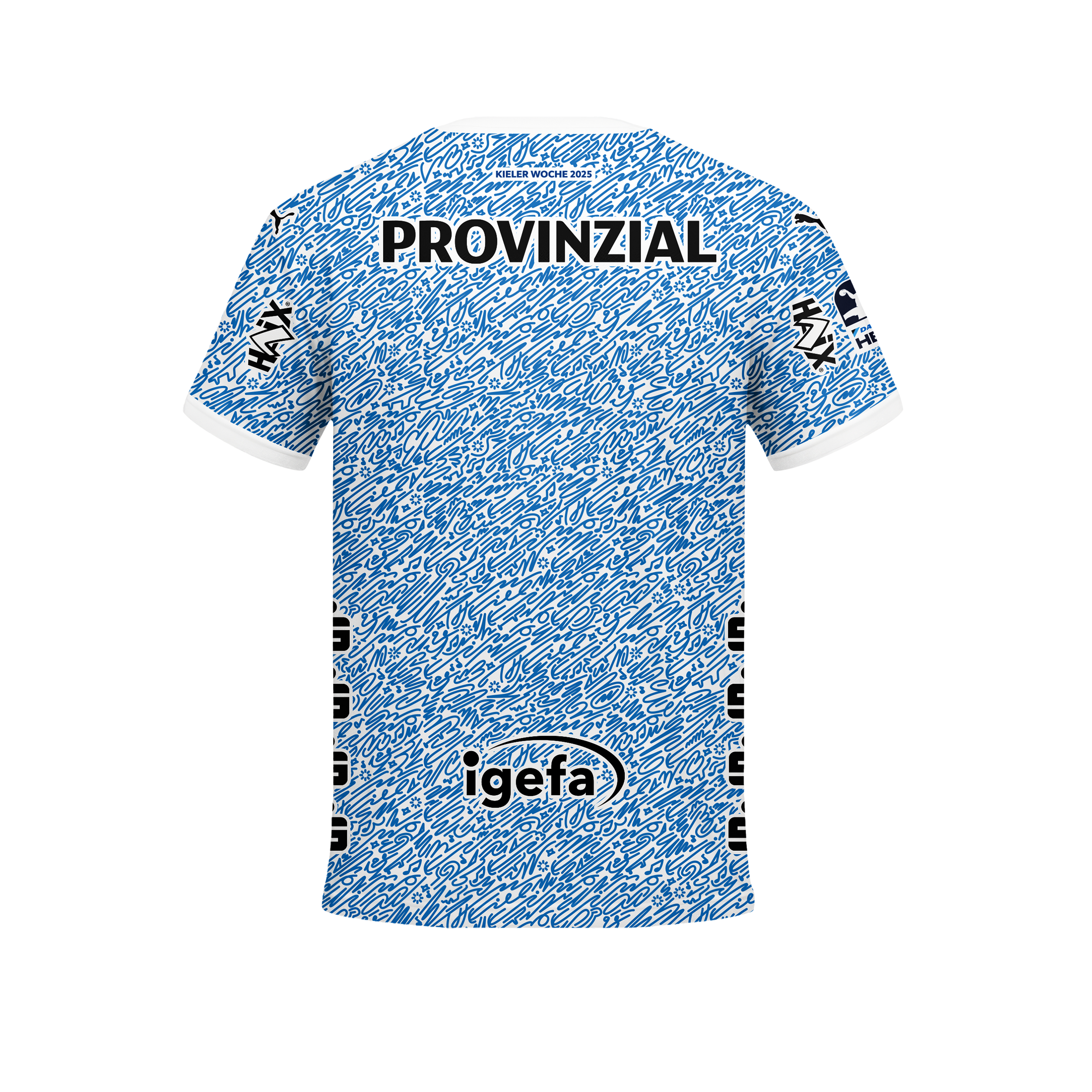 Das THW Kiel 24-25 Special Trikot Jr "Kieler Woche" Racing Blue hat ein blau-weißes Design mit dem Schriftzug "PROVINZIAL" auf dem Rücken, igefa- und Sponsorenlogos sowie einen blauen Schriftzug von Cihan Tamti.